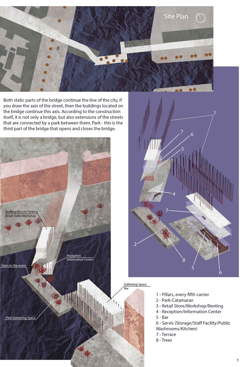 Exploded axonometric revealing the bridge’s structural grid, park-catamaran system, and layered public program.