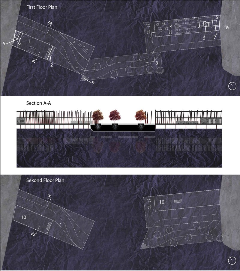 Architectural plans and sections illustrating the bridge’s street-axis continuation, circulation flow, and mixed-use layout.