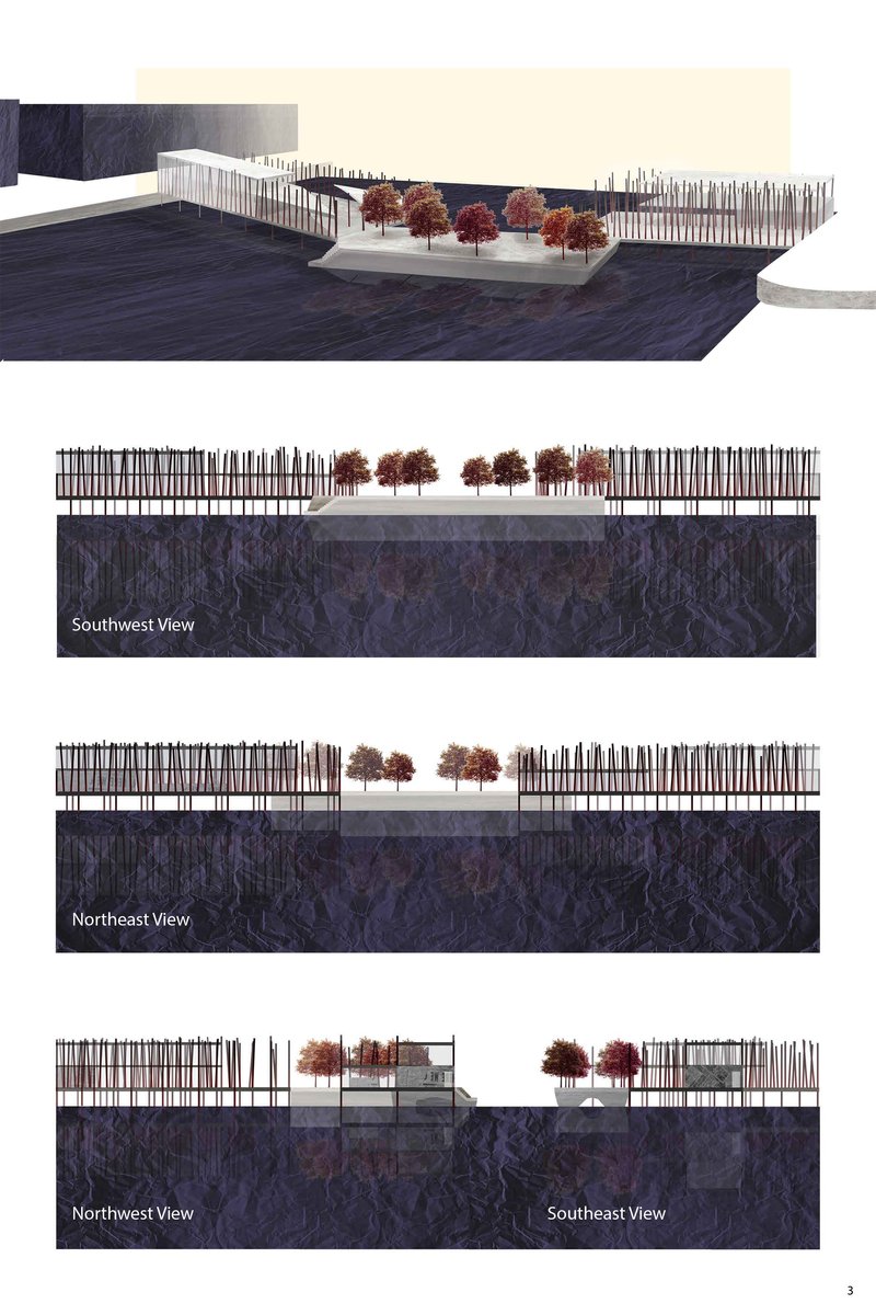 Elevations and perspective views highlighting the rhythmic pillar forest and floating park platform above water.