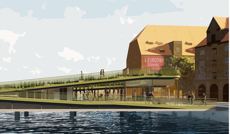 Side elevation illustrating separated cycling and pedestrian paths with planted roof terraces.