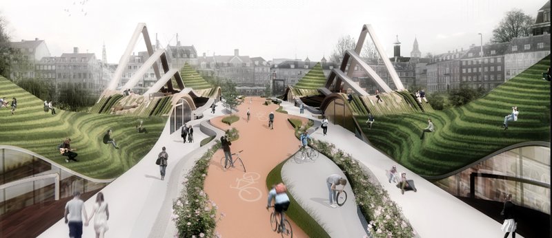 Green-roofed hills transform the bridge into a vibrant public landscape for cyclists and pedestrians.