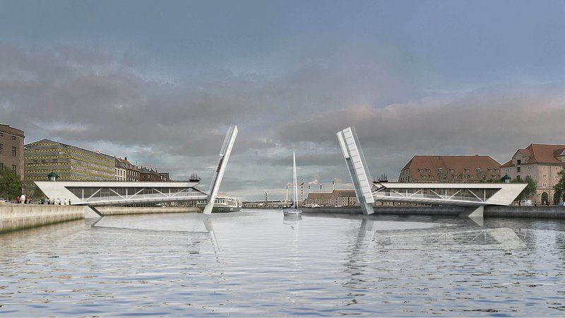 Bascule bridge opening to allow river navigation while maintaining a clean single-span structure.