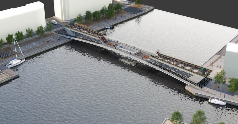 Aerial view showcasing the bridge as a hybrid public space and cycling corridor.