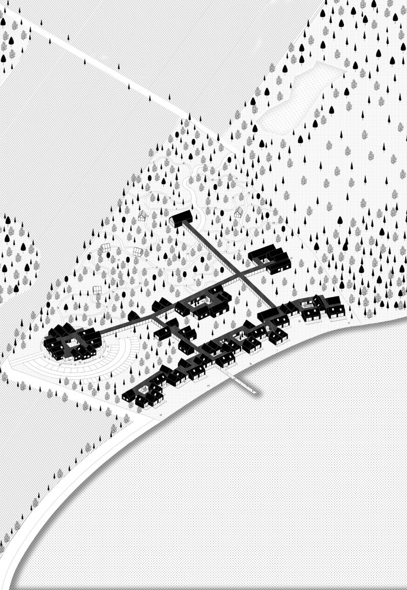 Masterplan axonometric showing a village-like healing architecture layout integrated into the landscape.