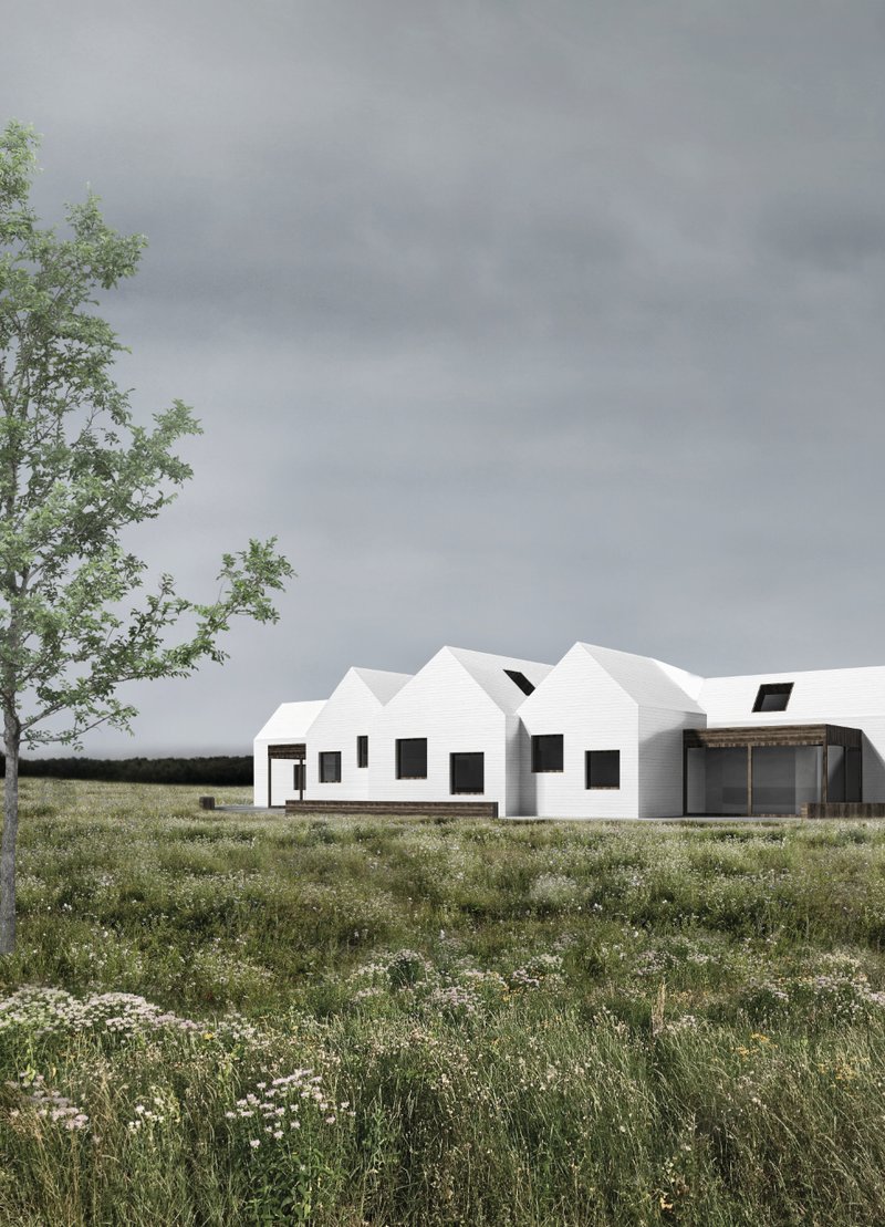 Contextual elevation highlighting repetitive gabled forms inspired by archetypal homes.