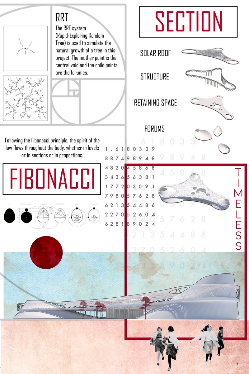 Fibonacci-driven form generation shaping the library’s organic structure.