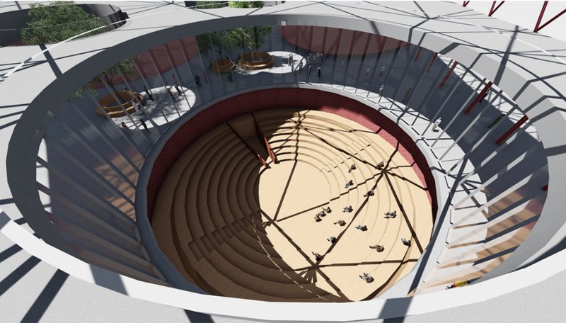 Sunlit circular discussion hall fostering dialogue and learning.