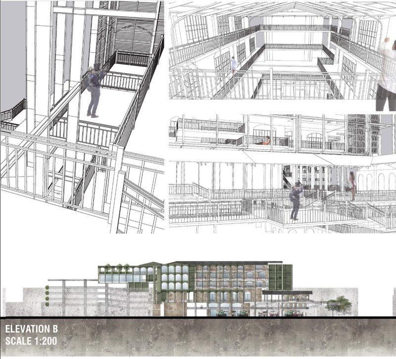 Interior circulation bridges connect learning spaces across multiple levels within the adaptive reuse framework.