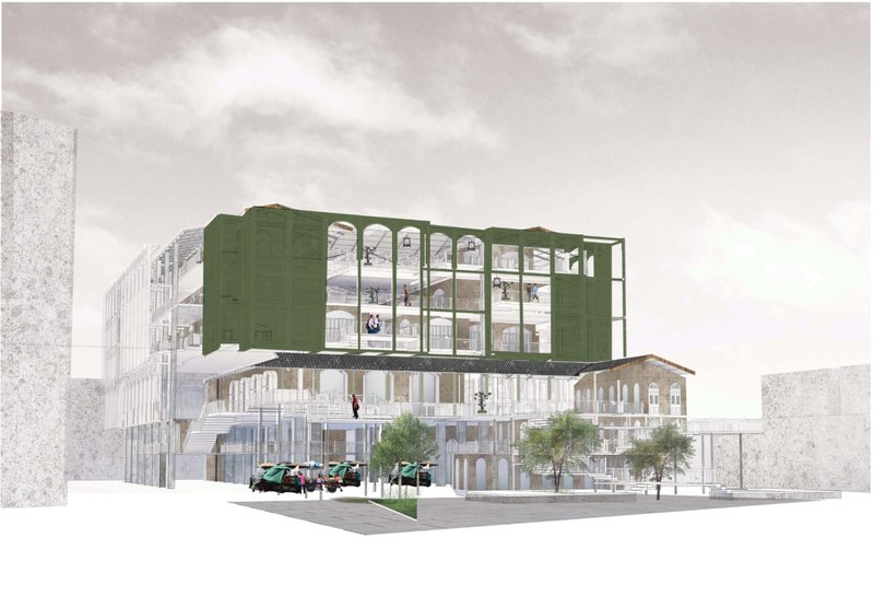 Perspective view showing the integration of preserved heritage façade with contemporary green screen structure.