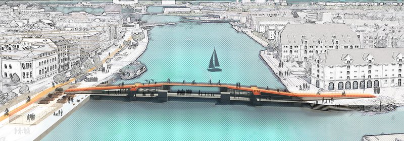 Bird’s-eye perspective of The Red Thread, where the elevated cycling lane flows across the canal as a vibrant urban connector.