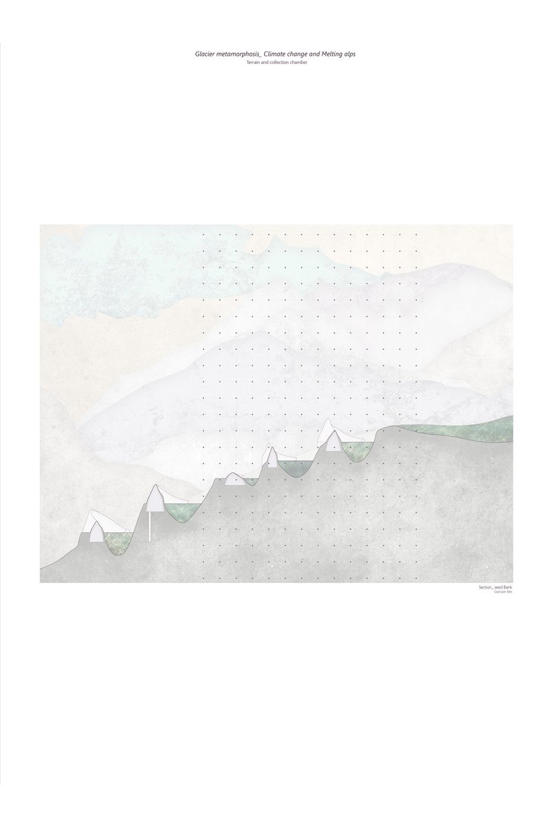 &nbsp; Sectional diagram integrating water collection chambers within the Alpine terrain to manage glacial runoff.