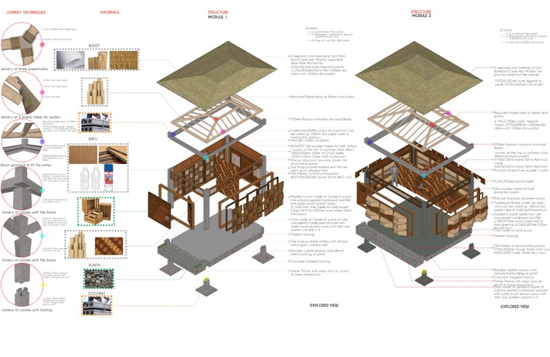 Exploded axonometric views showcasing recycled materials, bamboo roofing, paper-tube rafters, and modular assembly techniques.