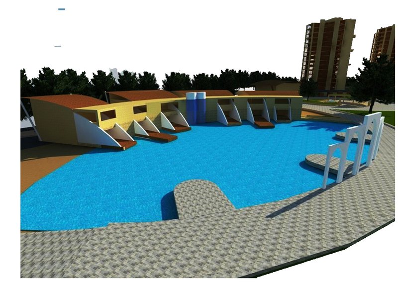 Public waterfront courtyard integrating exhibition spaces with landscape and skyline.