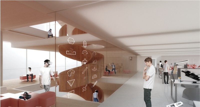 Interior workspace connected to the loop where collaborative environments encourage interaction and creativity.