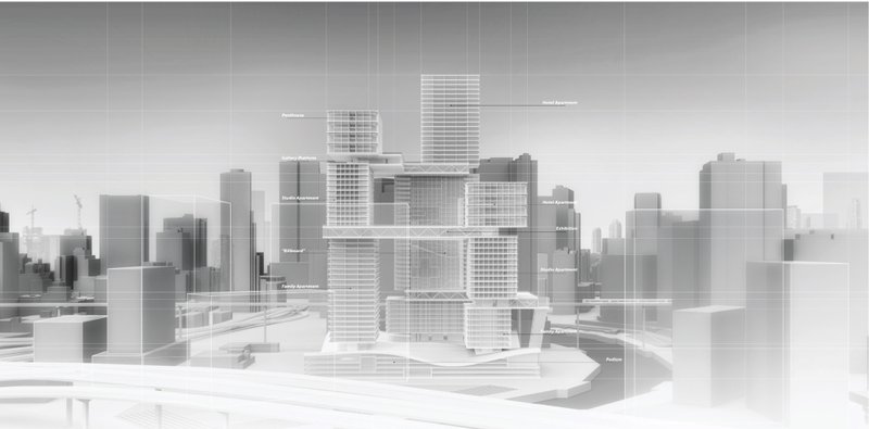 Daylight visualization revealing the three towers and elevated cultural loop within the Miami River urban skyline.