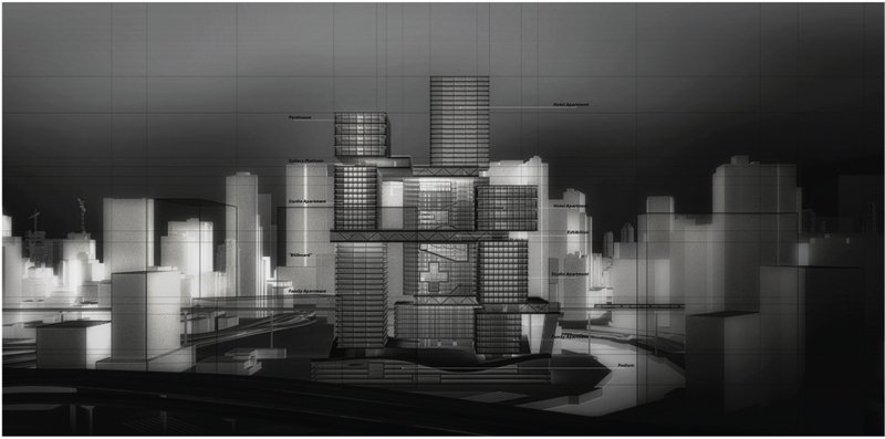 Night rendering showing the illuminated loop acting as an urban billboard and cultural destination in the city.
