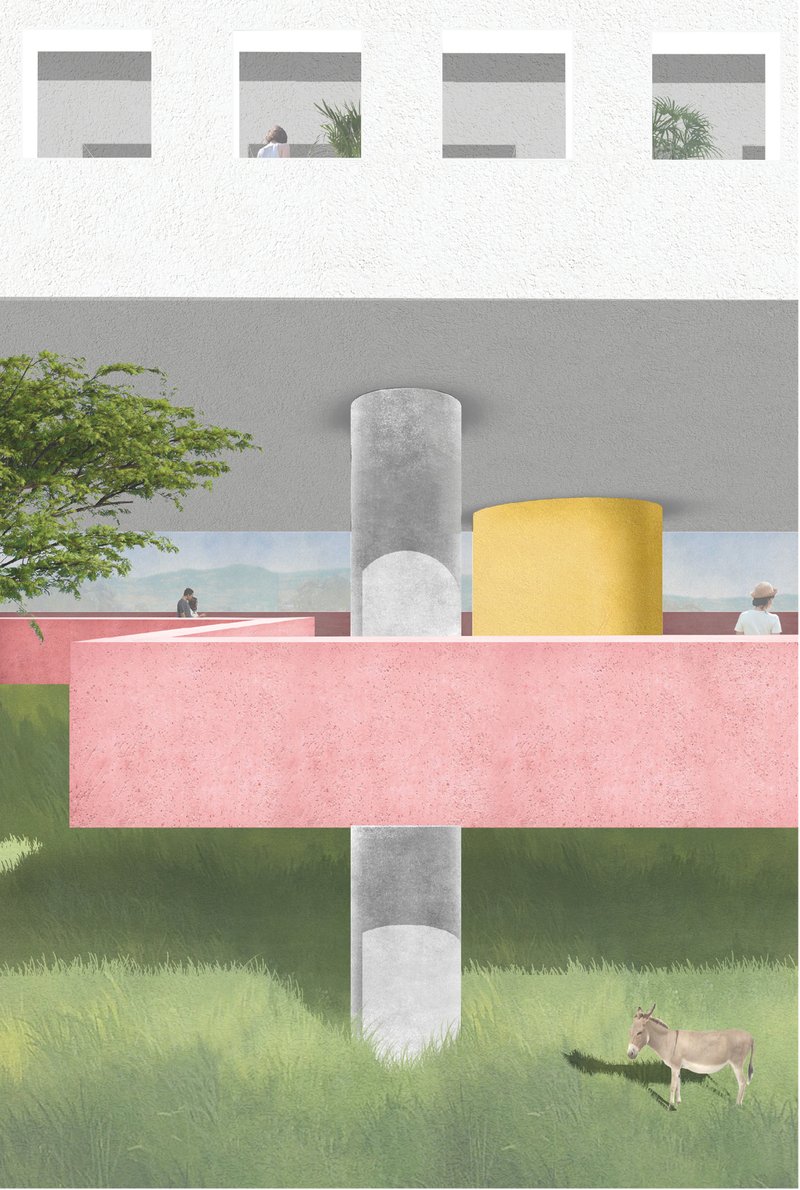 Public corridor activated with movement, services, and collective interaction