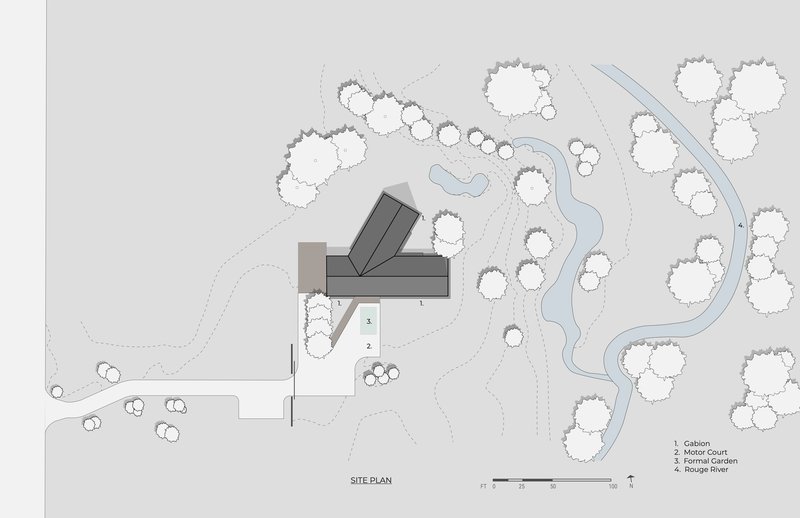 Site plan drawing showing angular building volumes near a winding river with scattered trees