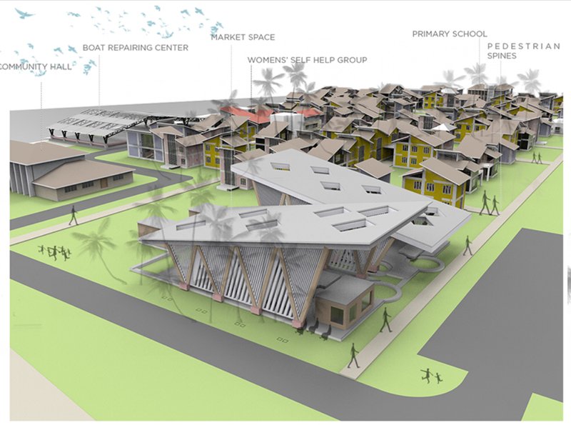 Regenerative housing clusters integrate community hall, market spaces, and pedestrian spines within Mahim Koliwada’s adaptive urban fabric.