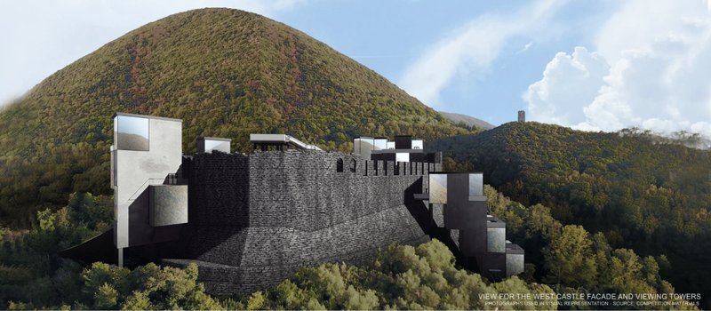 Contrast between medieval stone walls and modern insertions defining the project’s architectural language