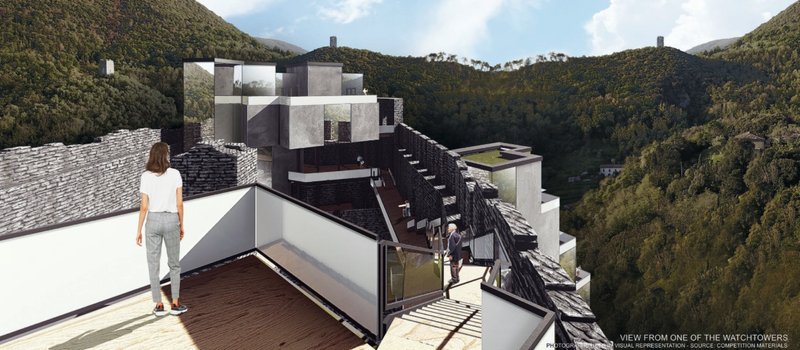 Elevated pathways and viewing terraces activating circulation within the historic fortress structure