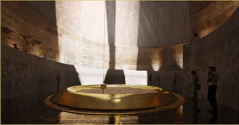 Monumental chamber centered around the sand-filled basin