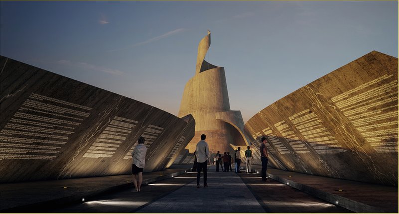 Processional entry guiding visitors toward the central tower