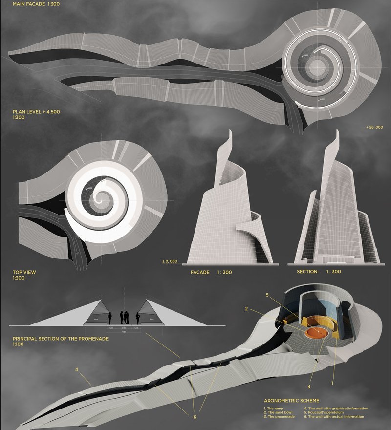 Spiral masterplan integrating promenade, ramp, and central chamber