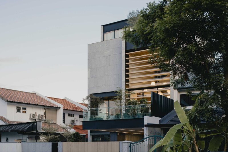 Rear facade showing layered volumes with horizontal timber louvers and rooftop terrace among neighboring trees