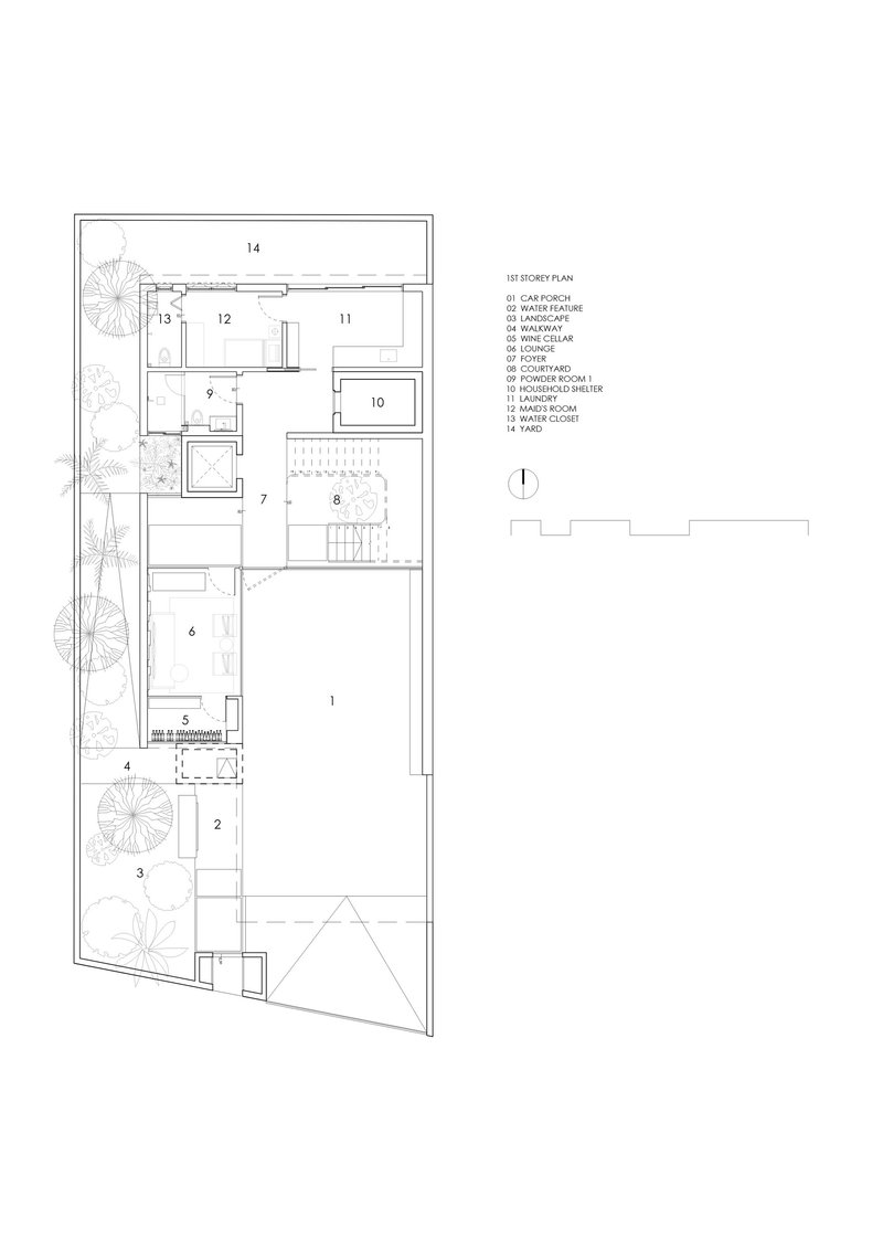 First floor plan drawing showing bedroom layout with central staircase and adjacent outdoor terrace