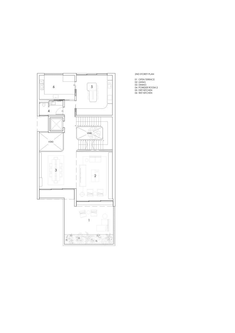 Second floor plan drawing showing numbered rooms arranged around a central stairwell and void