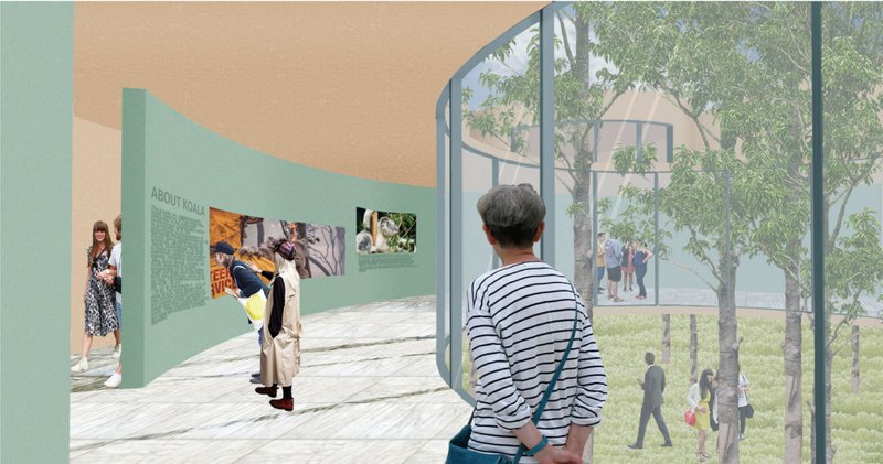 Immersive exhibition space connecting visitors with koala habitats through architecture and landscape integration.