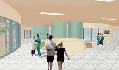 This architectural rendering depicts the interior of a modern hospital waiting area. The space featu