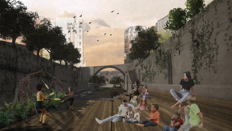 A sunken urban grandstand transforms a former railway into a vibrant social stage for play, rest, and community interaction.