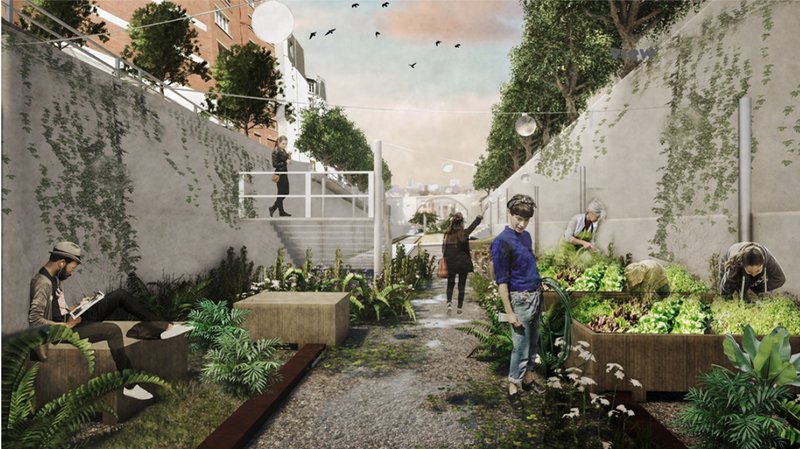 Modular “pot-away” planters activate urban gardening, enabling flexible, community-built green spaces within the reclaimed corridor.