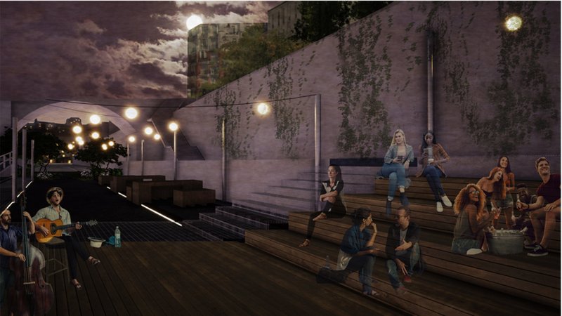 Night mode redefines the space as a cultural venue, with soft lighting and stepped seating hosting music and social gatherings.