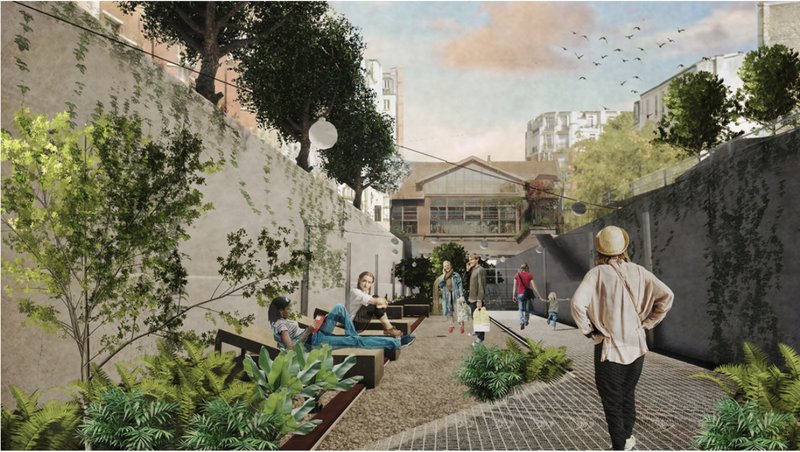 A linear green promenade integrates seating, planting, and circulation, creating a slow-paced urban refuge within dense city fabric.