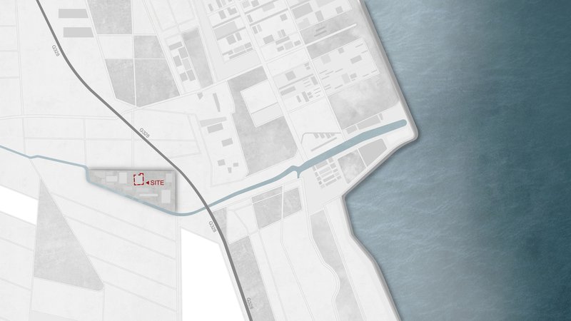 Site plan drawing showing a waterfront parcel bordered by a curving road and canal