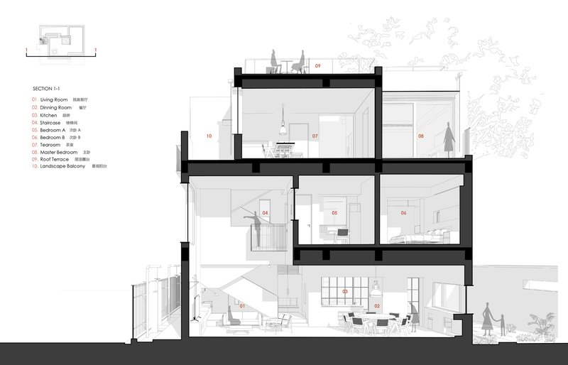 Building section drawing showing multi-level interior spaces with staircase and rooftop terrace with trees