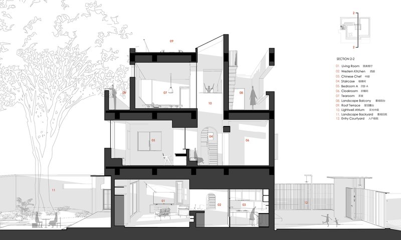 Section drawing revealing staggered floor levels, central stairwell and adjacent landscaping with large tree