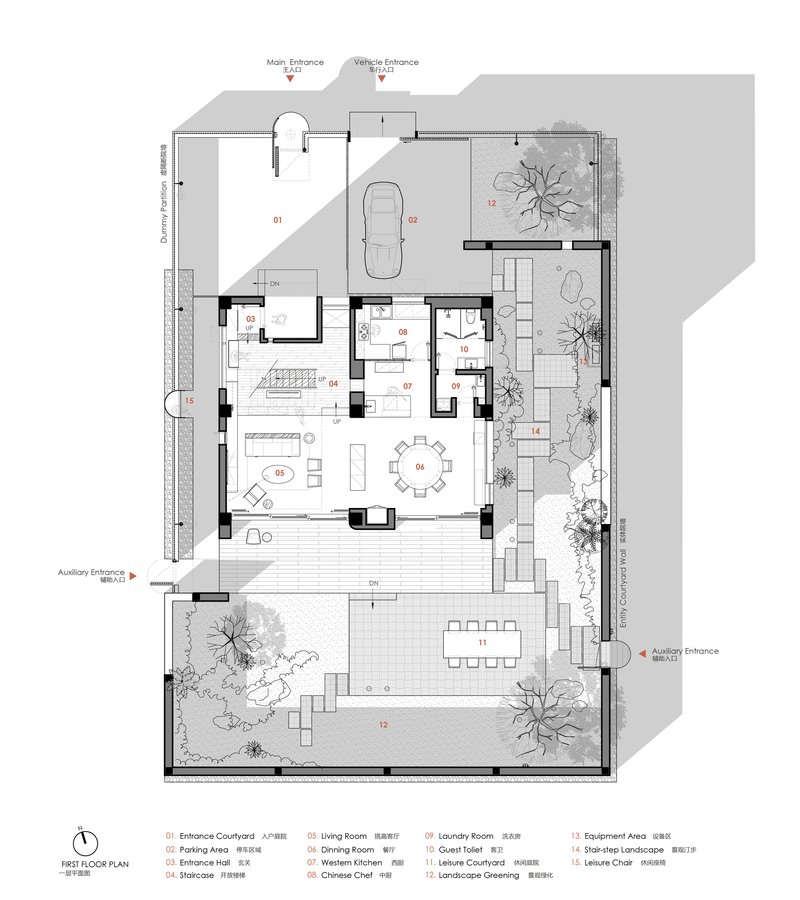 First floor plan drawing showing parking, entrance courtyard, living areas and planted landscape zones