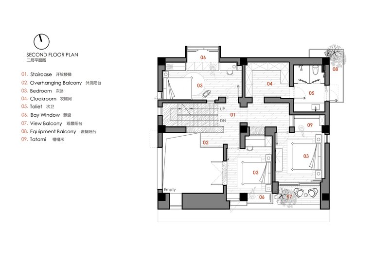 Second floor plan drawing showing bedrooms, staircase and balconies arranged around a central landing