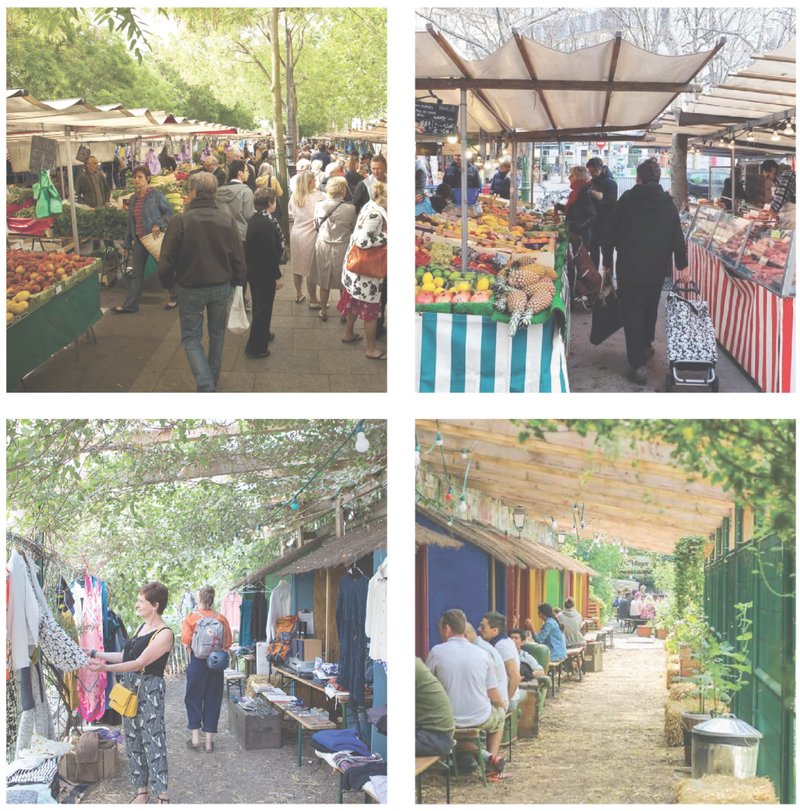 Precedent market environments inform spatial organization, emphasizing canopy systems and informal social engagement.