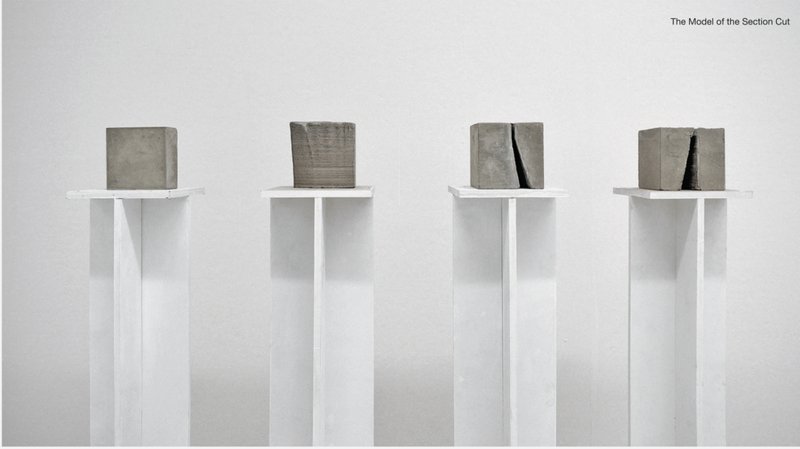 Progressive section models illustrate the transformation from solid mass to fractured void, defining the architectural language of the scar.