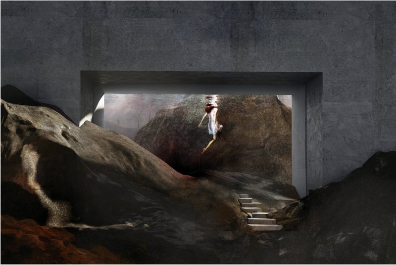 Subterranean spatial experience framed by concrete and rock evokes reflection, where light and shadow articulate the emotional depth of the memorial.