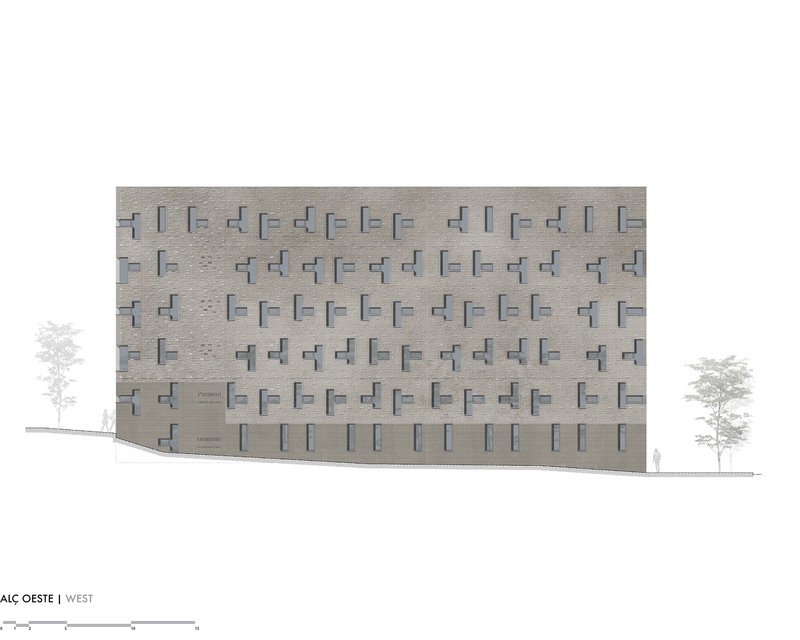 West elevation drawing showing a patterned brick facade with projecting and recessed window openings and flanking trees