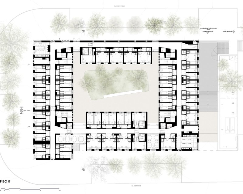 First floor plan drawing showing units wrapping around a central courtyard with landscaping and exterior trees