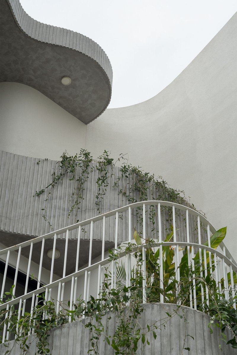 Curved balcony with white metal railing and climbing plants against corrugated walls