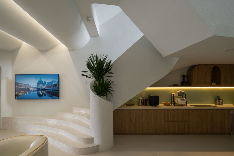 Curved staircase with under-tread lighting and potted palm beside timber kitchen counter