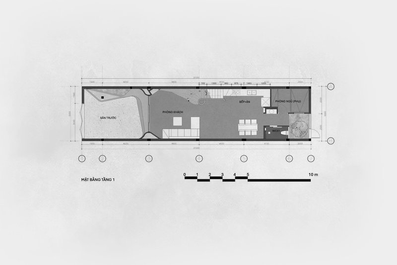Floor plan showing a courtyard entry, open living and dining area, and kitchen service wing